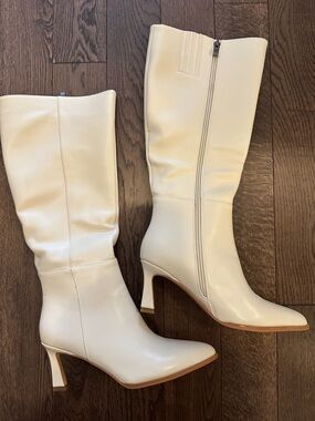 Knee High Pointed Toe Low Kitten Heel Cream Ecru Boots